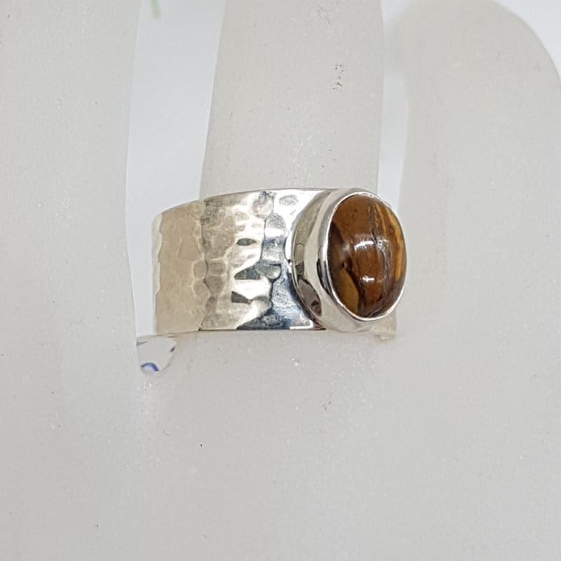Sterling Silver Wide Beaten Design Band with Oval Tiger Eye Ring