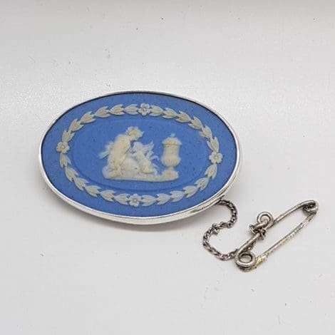 Sterling Silver Wedgwood Blue Jasper Oval Scenery Brooch - Antique / Vintage
