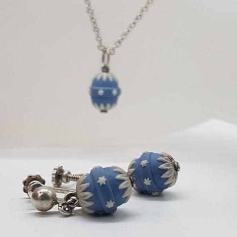 Sterling Silver Wedgwood Blue Jasper Ornate Ball Pendant on Silver Chain with Matching Clip-On Earrings - Antique / Vintage