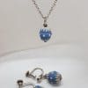 Sterling Silver Wedgwood Blue Jasper Ornate Ball Pendant on Silver Chain with Matching Clip-On Earrings - Antique / Vintage
