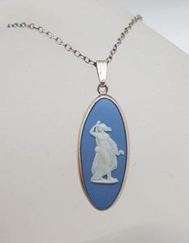 Sterling Silver Wedgwood Blue Jasper Oval Pendant on Silver Chain - Antique / Vintage