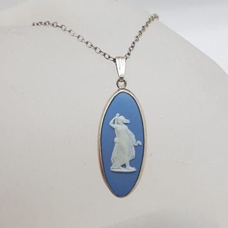 Sterling Silver Wedgwood Blue Jasper Oval Pendant on Silver Chain - Antique / Vintage