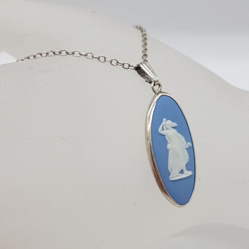 Sterling Silver Wedgwood Blue Jasper Oval Pendant on Silver Chain - Antique / Vintage