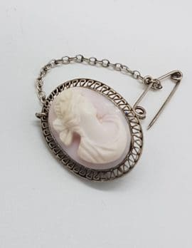 Sterling Silver Oval Ladies Head Cameo Brooch - Antique / Vintage