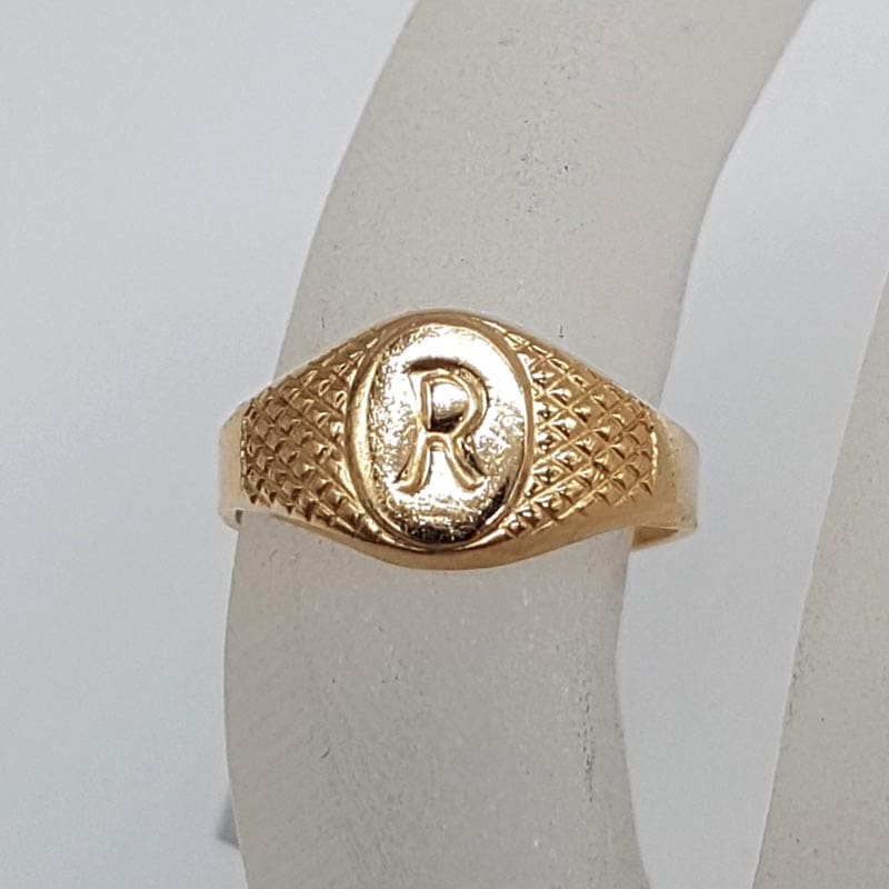 18ct Yellow Gold Initial R Oval Signet Ring - Small Size - Vintage