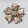 Very Large Plated Flower Brooch with Rhinestones and Mother of Pearl Effect - Vintage
