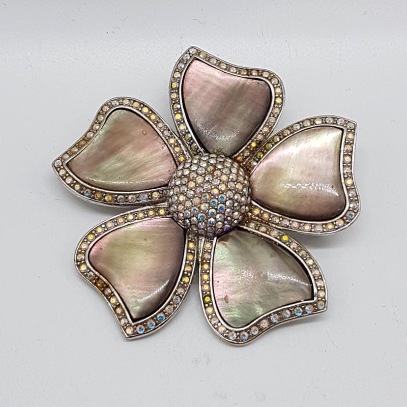 Very Large Plated Flower Brooch with Rhinestones and Mother of Pearl Effect - Vintage