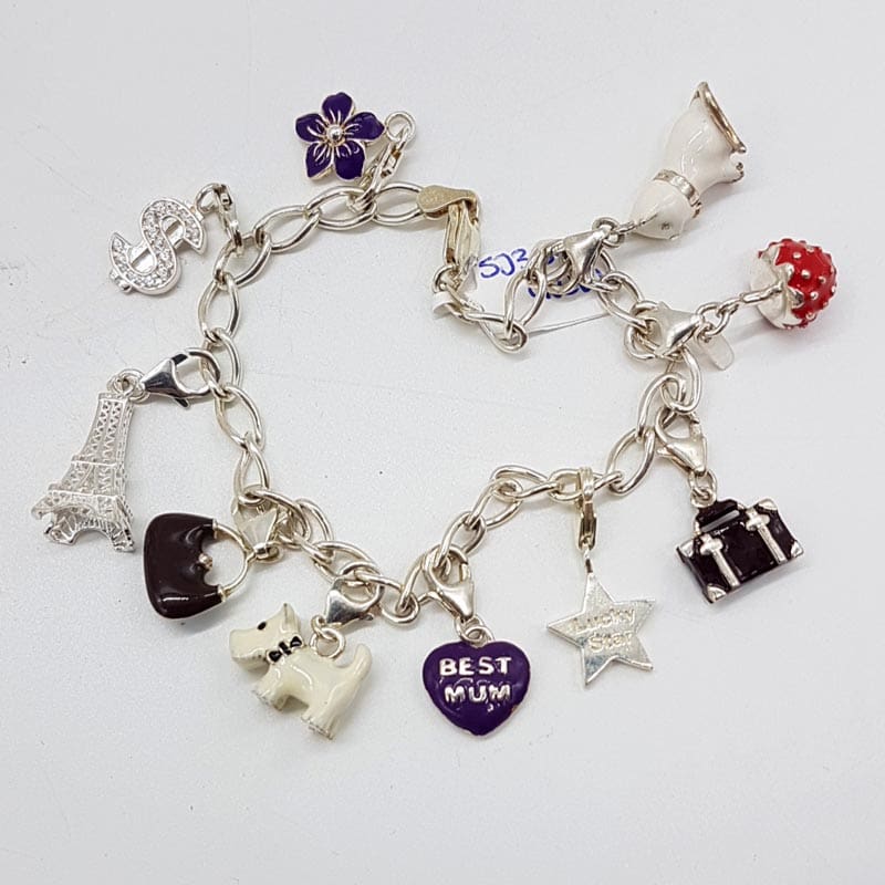 Sterling Silver Enamel Multi-Charm Bracelet Includes Heart, Dog, Handbag Etc