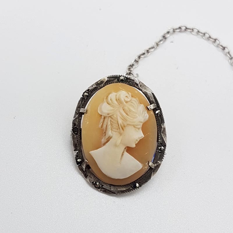 Sterling Silver Ladies Head Shell Cameo Brooch with Marcasite Rim - Antique / Vintage