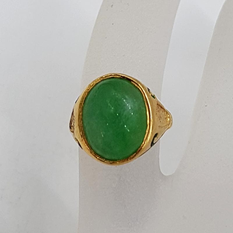 18ct Yellow Gold Natural Jade with Enamel Antique / Vintage Oval Ring