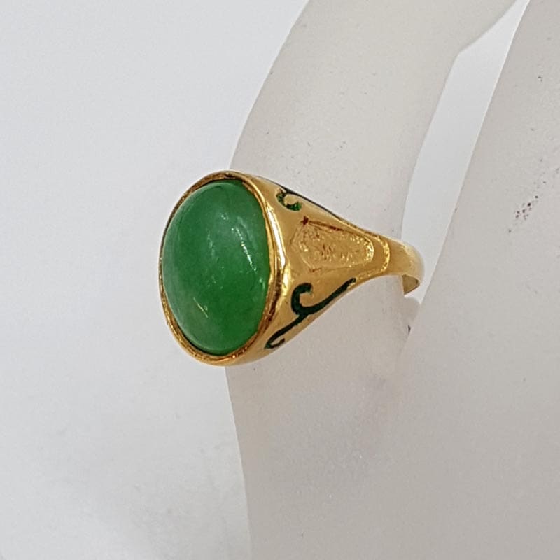 18ct Yellow Gold Natural Jade with Enamel Antique / Vintage Oval Ring