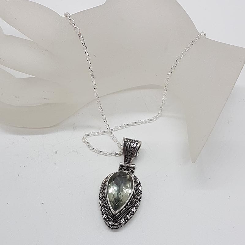 Sterling Silver Green Amethyst / Prasiolite Large Teardrop / Pear Shape Ornate Pendant on Silver Chain