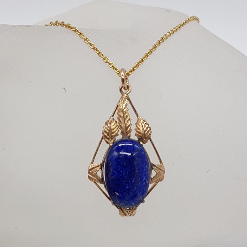 9ct Yellow Gold Oval Lapis Lazuli Ornate Pendant on Gold Chain - Antique / Vintage