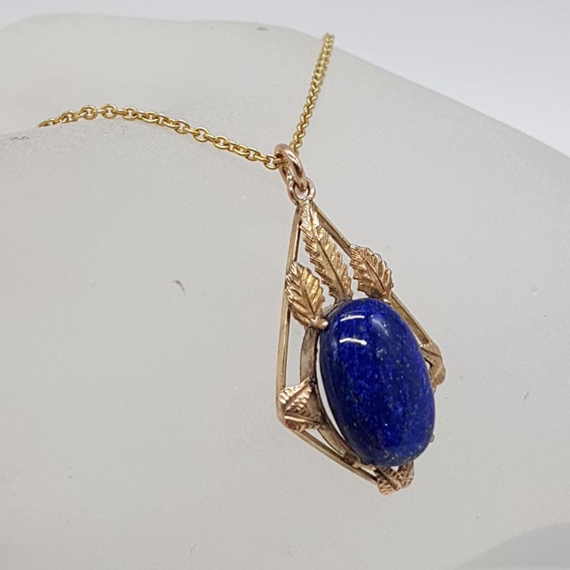 9ct Yellow Gold Oval Lapis Lazuli Ornate Pendant on Gold Chain - Antique / Vintage