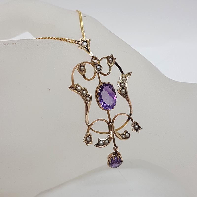 9ct Yellow Gold Amethyst and Seed Pearl Ornate Pendant on Gold Chain - Antique / Vintage