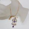 9ct Yellow Gold Amethyst and Seed Pearl Ornate Pendant on Gold Chain - Antique / Vintage