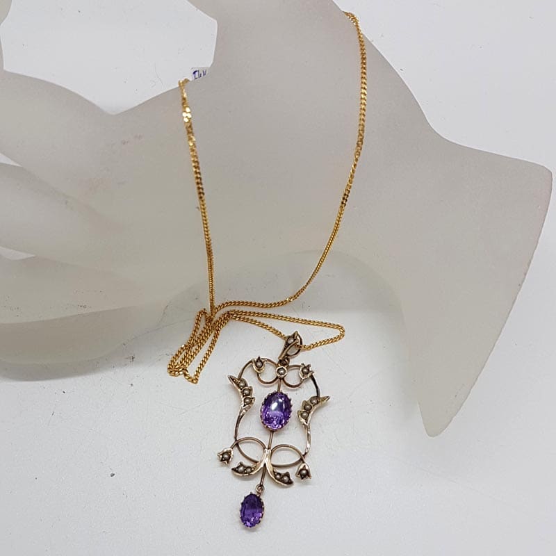 9ct Yellow Gold Amethyst and Seed Pearl Ornate Pendant on Gold Chain - Antique / Vintage 9ct Yellow Gold Amethyst and Seed Pearl Ornate Pendant on Gold Chain - Antique / Vintage