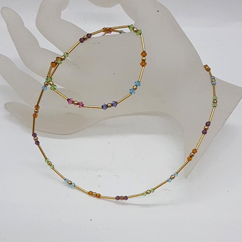 9ct Yellow Gold Multi-Coloured Crystal Beads Necklace / Chain and Bracelet Set