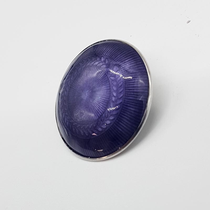 Sterling Silver Guilloche Enamel Round Purple Brooch - Antique / Vintage