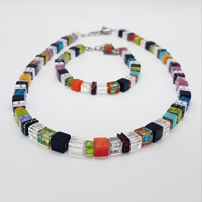 Coeur de Lion Handmade in Germany Glass / Crystal Multi-Colour Bead Necklace and Bracelet Set – Green, Blue, Orange, Black, Pink and Purple