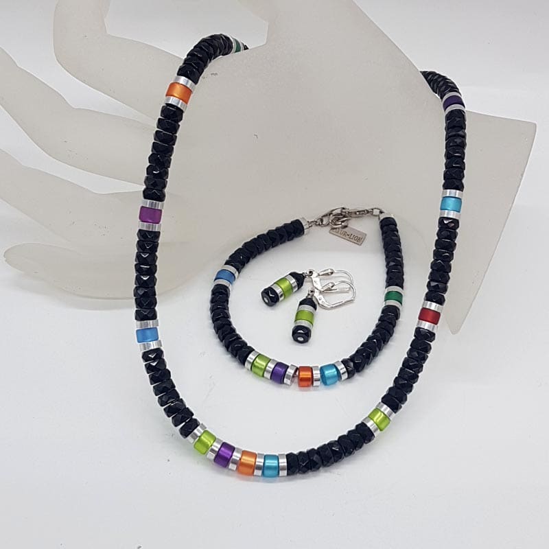 Coeur de Lion Handmade in Germany Glass / Crystal Multi-Colour Bead Necklace, Earring and Bracelet Set – Green, Blue, Orange, Black and Purple