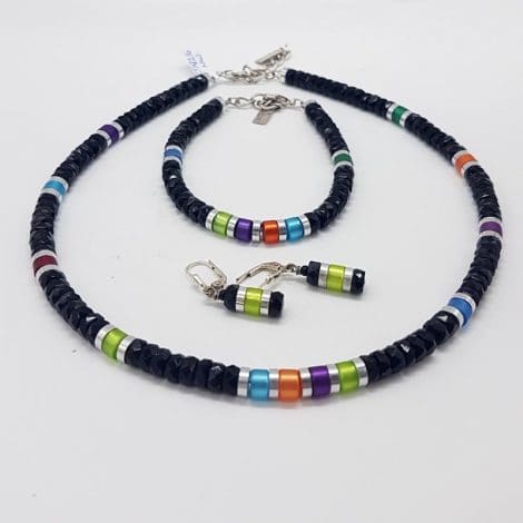 Coeur de Lion Handmade in Germany Glass / Crystal Multi-Colour Bead Necklace, Earring and Bracelet Set – Green, Blue, Orange, Black and Purple