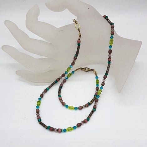 Coeur de Lion Handmade in Germany Glass Bead Necklace and Bracelet Set with Sterling Silver - Green, Blue and Purple