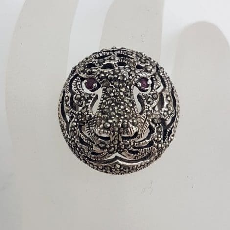Sterling Silver Marcasite with Ruby Large Round Ornate Tiger / Panther / Puma / Big Cat Head Ring