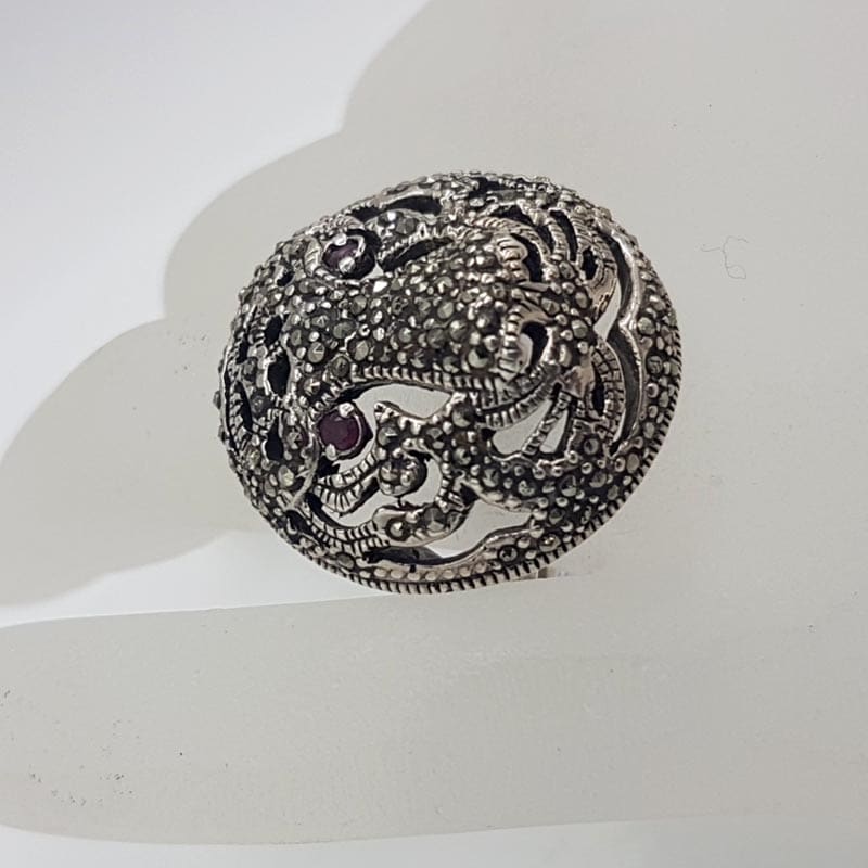 Sterling Silver Marcasite with Ruby Large Round Ornate Tiger / Panther / Puma / Big Cat Head Ring