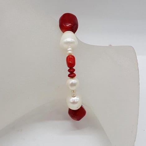 Sterling Silver Clasped Pearl with Red Coral Bead Bracelet