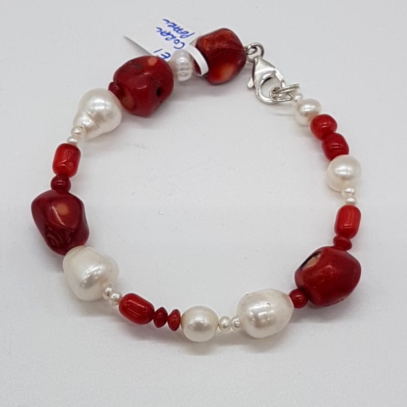 Sterling Silver Clasped Pearl with Red Coral Bead Bracelet
