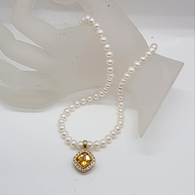 9ct Yellow Gold Square Citrine Surrounded by Diamonds Enhancer Pendant on Pearl Necklace / Chain 9ct Yellow Gold Square Citrine Surrounded by Diamonds Enhancer Pendant on Pearl Necklace / Chain