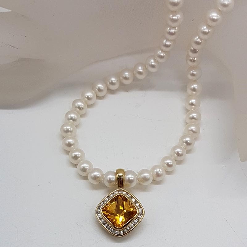 9ct Yellow Gold Square Citrine Surrounded by Diamonds Enhancer Pendant on Pearl Necklace / Chain 9ct Yellow Gold Square Citrine Surrounded by Diamonds Enhancer Pendant on Pearl Necklace / Chain