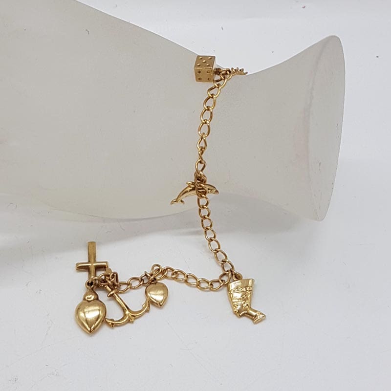 18ct Yellow Gold 7 Charms Bracelet - Antique / Vintage