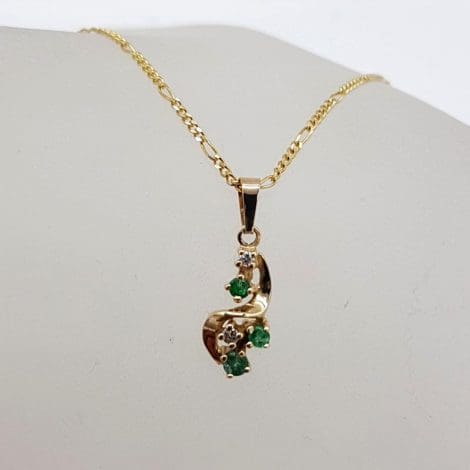 9ct Yellow Gold Natural Emerald with Diamonds Curved Twist Pendant on Gold Chain