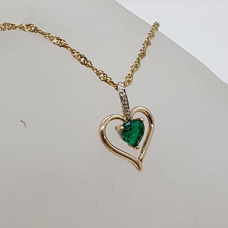 9ct Yellow Gold Created Emerald with Diamond Heart Pendant on Gold Chain