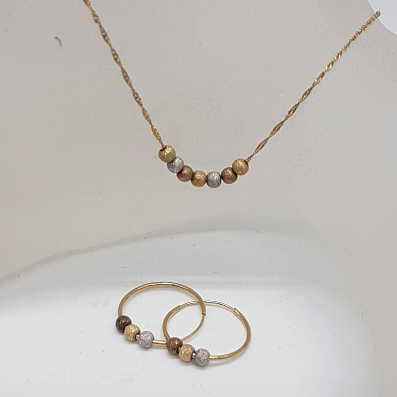 9ct Yellow Gold, Rose Gold and White Gold 7 Lucky Balls Necklace / Chain with Matching Hoops Earrings