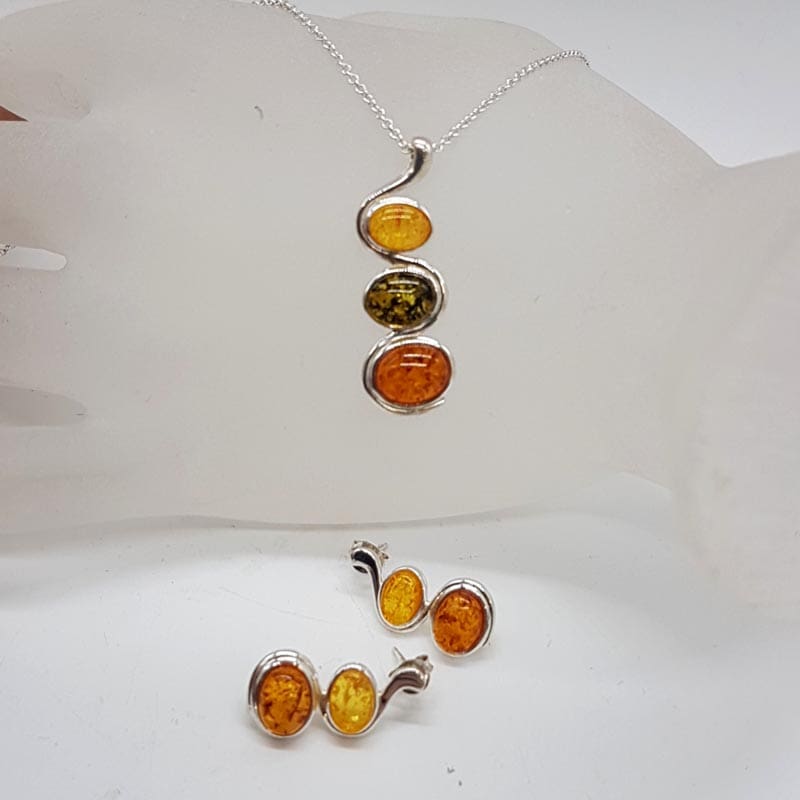 Sterling Silver Natural Baltic Amber Multi-Coloured Pendant on Silver Chain with Matching Earrings Set