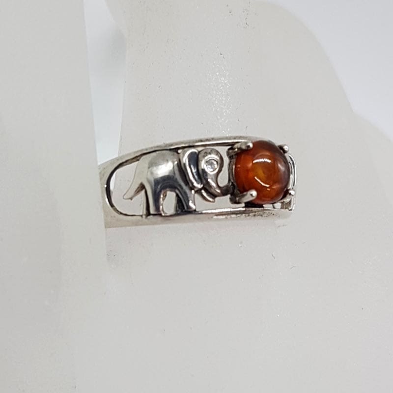 Sterling Silver Natural Amber Lucky Elephant Motif Ring