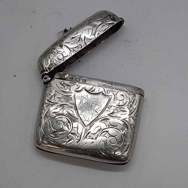 Sterling Silver Ornate Shield Design Rectangular Vesta Case / Match Striker - Vintage / Antique