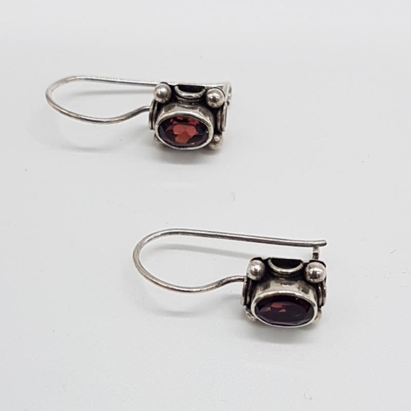 Sterling Silver Oval Garnet Ornate Earrings