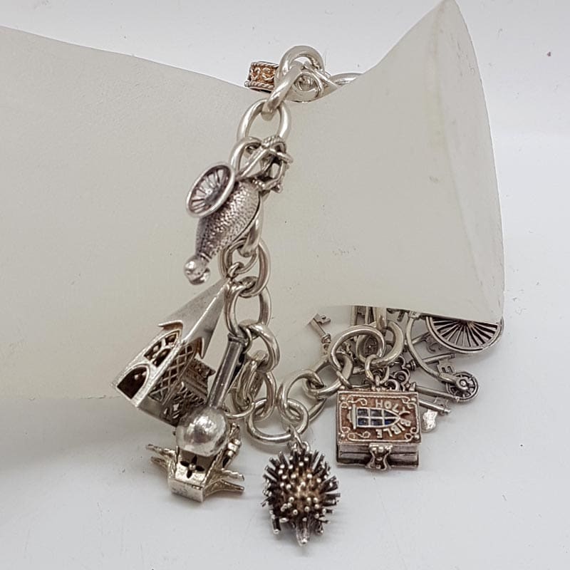Sterling Silver 10 Charms Bracelet - Vintage / Antique