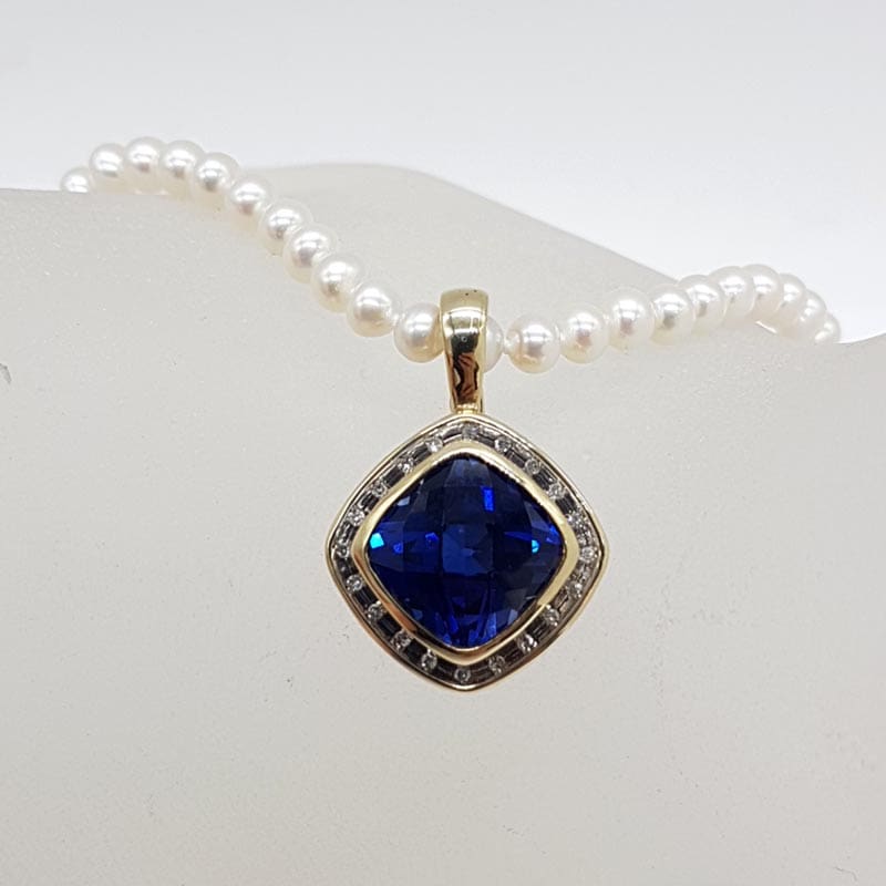 9ct Yellow Gold Square Created Blue Sapphire Surrounded by Diamonds Enhancer Pendant on Pearl Necklace / Chain