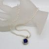 9ct Yellow Gold Square Created Blue Sapphire Surrounded by Diamonds Enhancer Pendant on Pearl Necklace / Chain