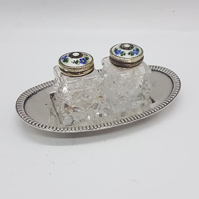 Sterling Silver and Plated with Guillioche Enamel Floral Tops Salt and Pepper Cruet Set on Tray