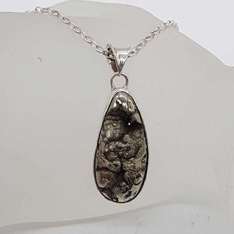 Sterling Silver Pyrite Teardrop / Pear Shape Pendant on Chain - Vintage