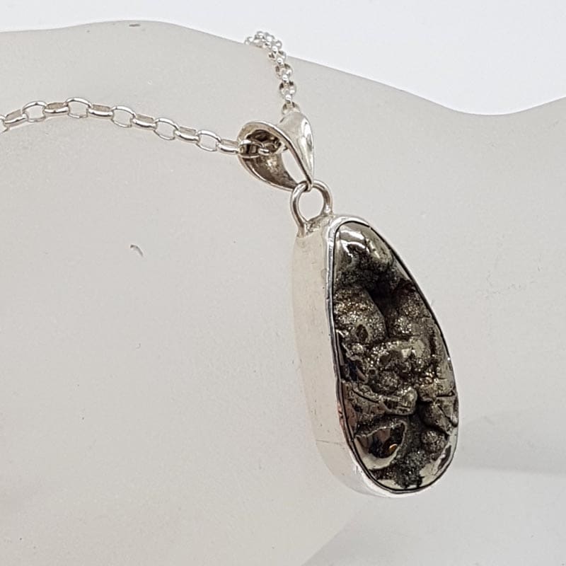 Sterling Silver Pyrite Teardrop / Pear Shape Pendant on Chain - Vintage