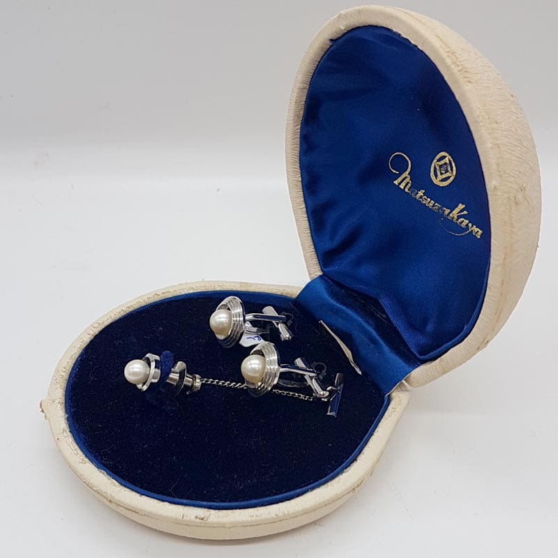 Plated Round Pearl Cufflinks in Original Box - Antique / Vintage Plated Round Pearl Cufflinks in Original Box - Antique / Vintage