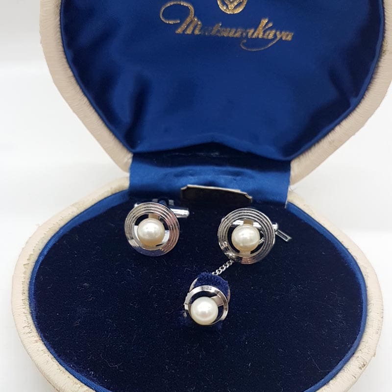 Plated Round Pearl Cufflinks in Original Box - Antique / Vintage