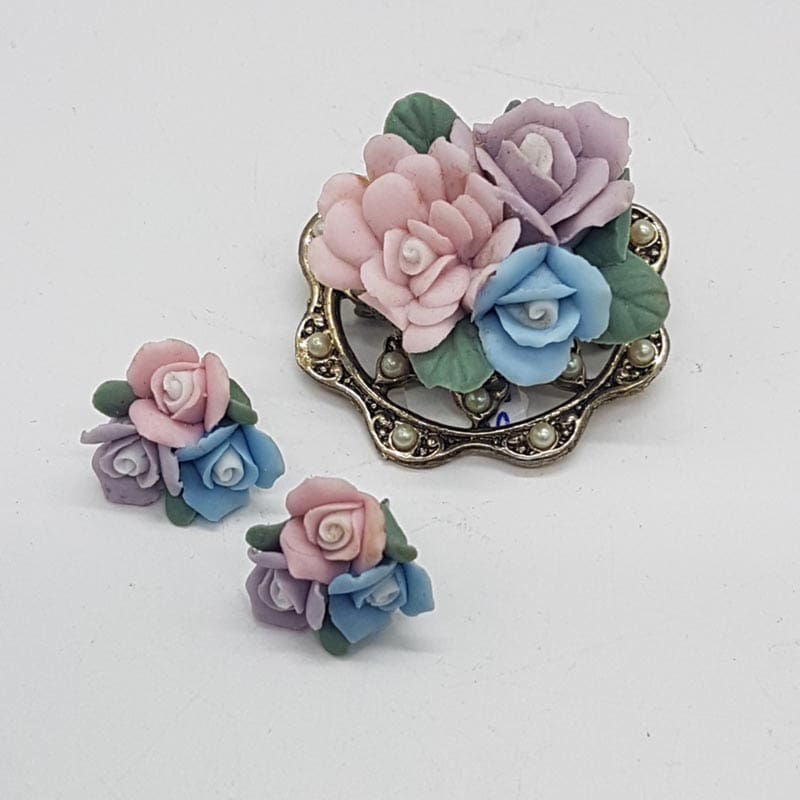 Floral Brooch and Earring Set - Vintage Costume Jewellery